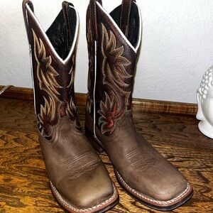 Laredo Cowboy Boots Womens 8.5M Brown Blue Square Toe Leather Pull On